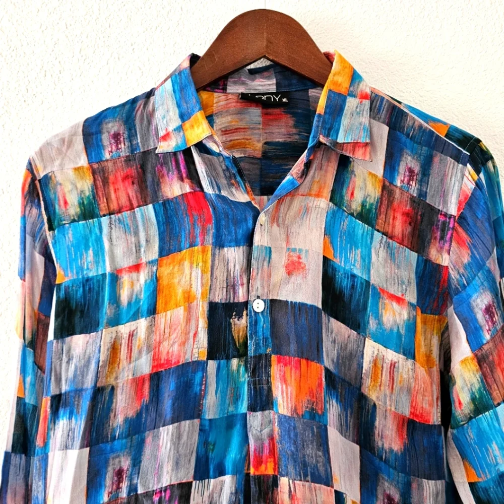 APNY tunic blouse size XL quarter button high low lightweight watercolor block - Picture 3 of 12